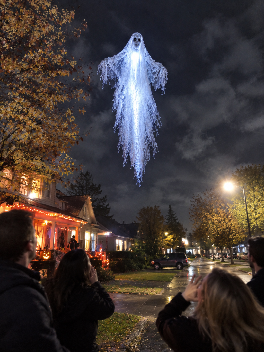 Neighbors reacting to a ghost flying over the street